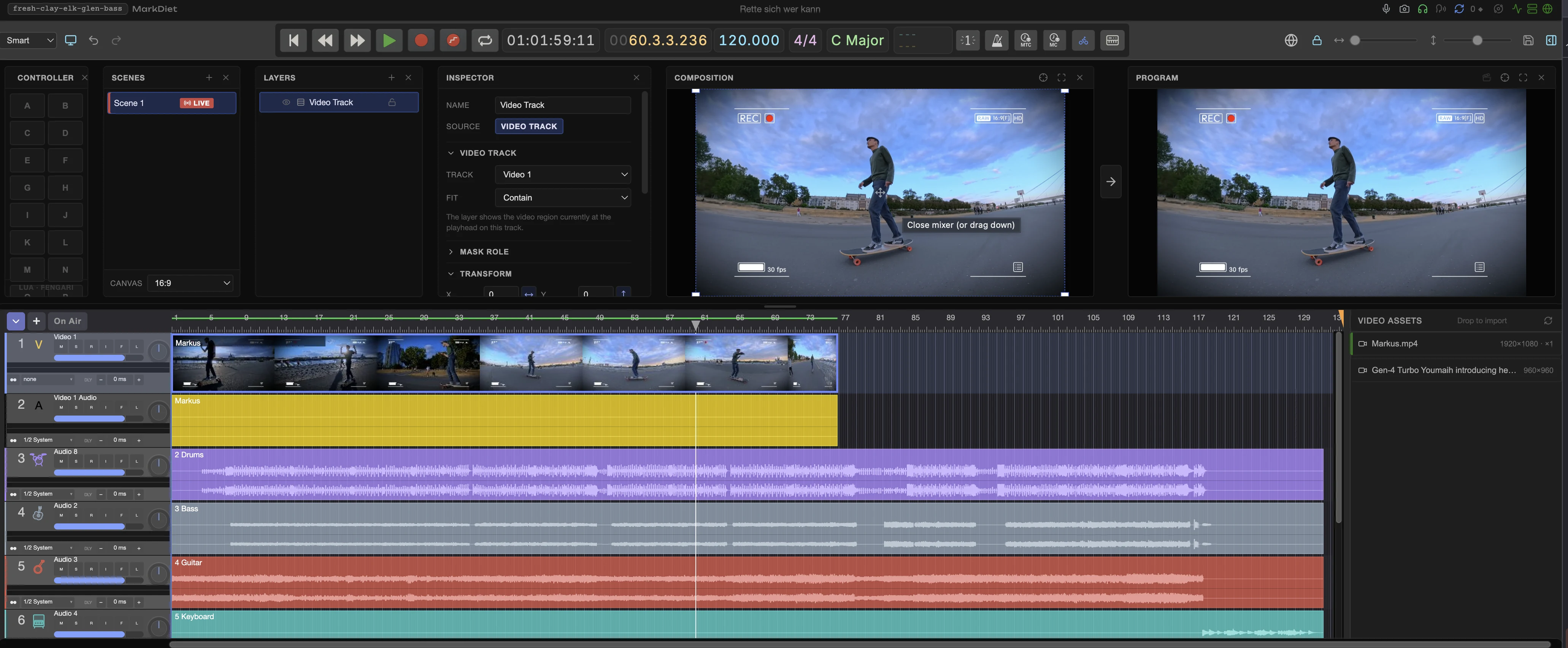 The Plinken timeline — a video track with its program monitor above drums, bass, guitar, and keyboard audio tracks, all on one collaborative timeline